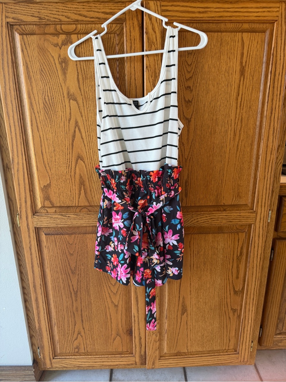 Women's Black Floral & White Stripe Sleeveless One-Piece Romper